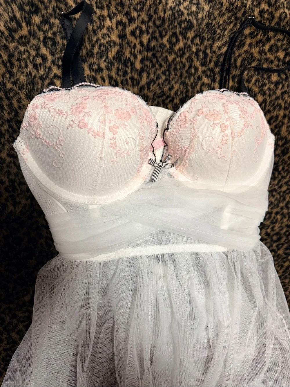 NWT Victoria Secret Sheer White & Pink Babydoll Lingerie with Black Trim